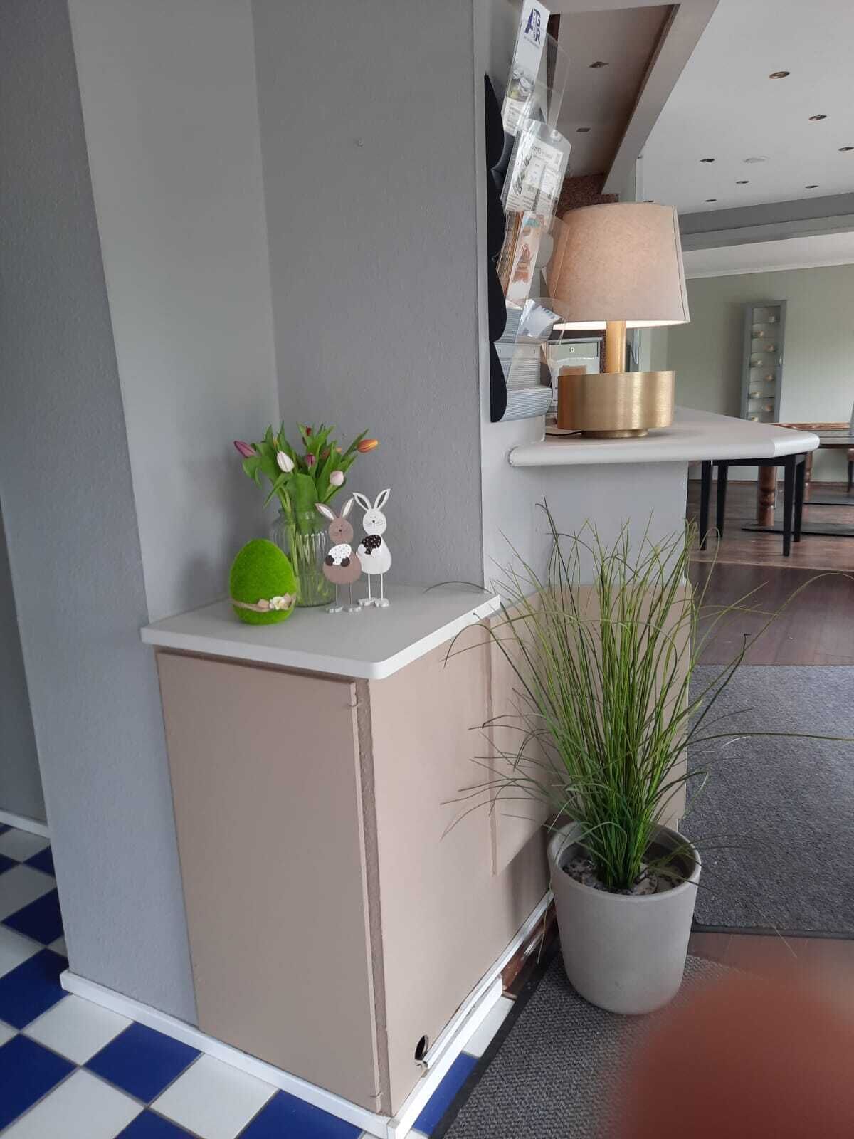 Et moderne interiør med en grå væg, et hvidt skab og en potteplante.