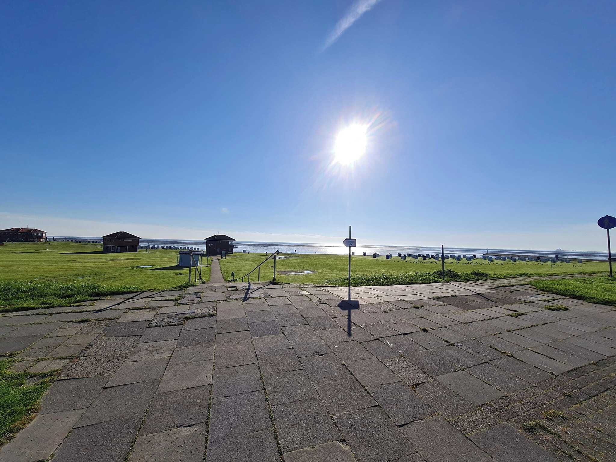 A paved pathway leading to a grassy area with a view of the sea and buildings in the distance.