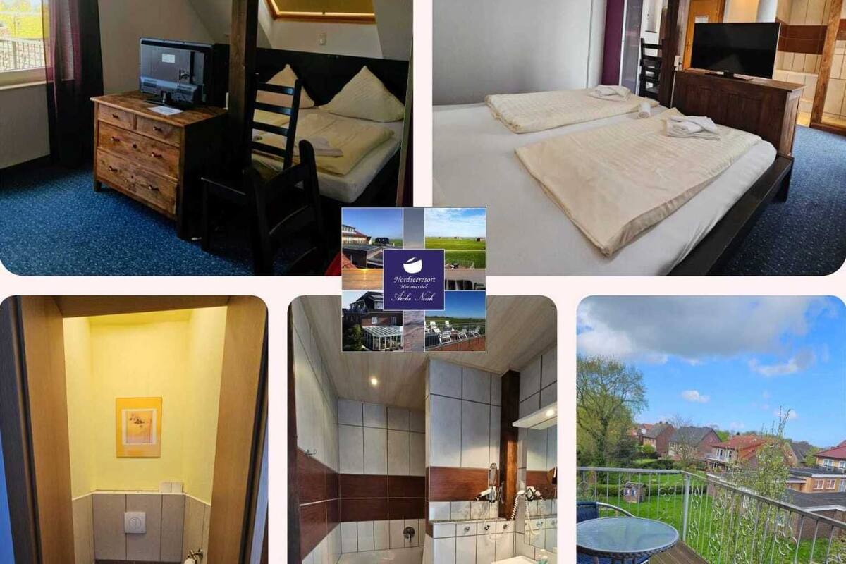 A hotel room with a bed, a desk, a chair, a TV, and a small bathroom.