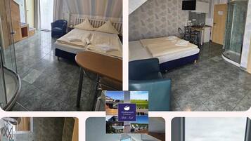 Habitación de hotel con cama, escritorio, ducha y vistas al campo.