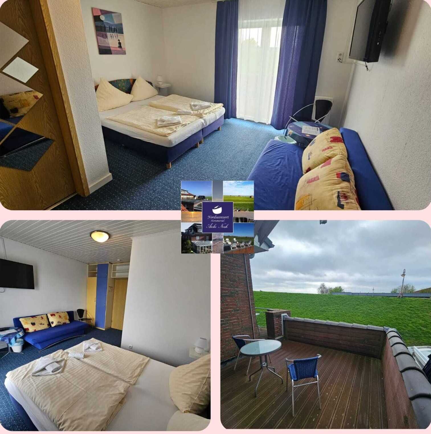 Habitación de hotel con cama, sofá y una mesita. Cuenta con una ventana con cortinas, un televisor montado en la pared y vistas a un campo verde.