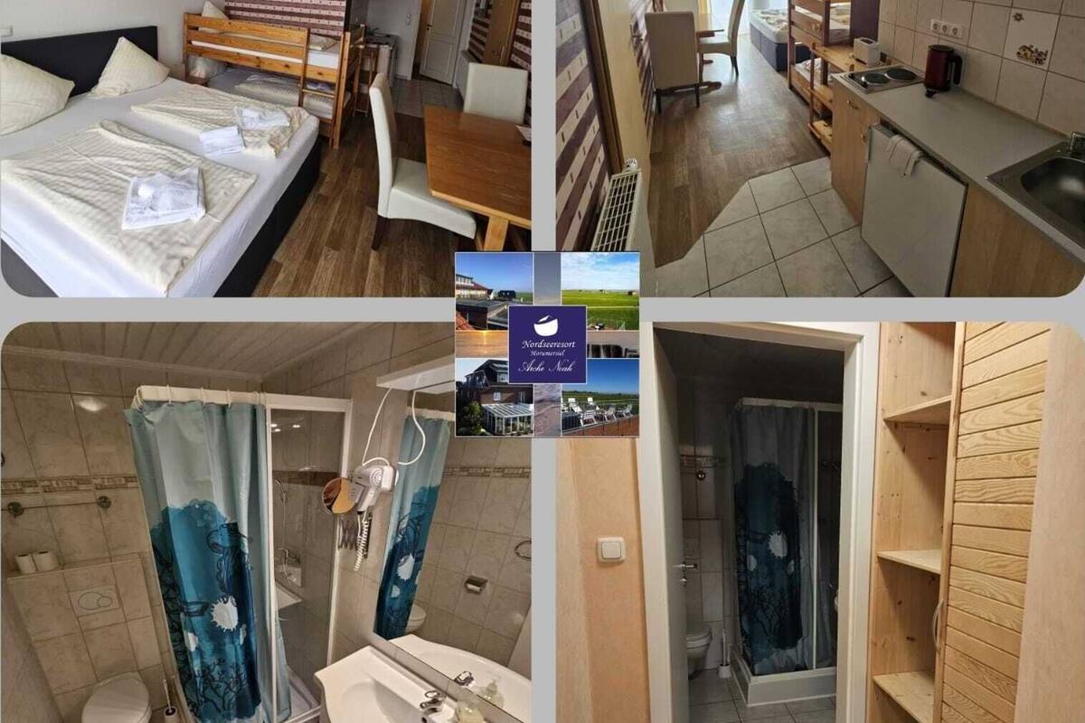 A hotel room with a bed, a dining area, a kitchen, and a bathroom.