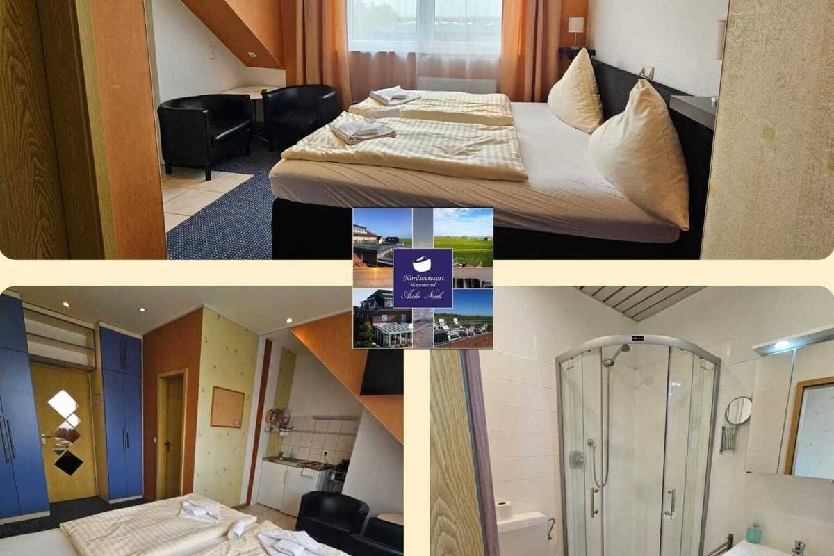 A hotel room with a bed, a desk, a TV, and a shower area.