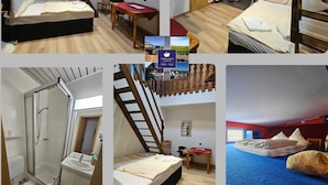 A hotel room with a wooden staircase, a separate dining area, a shower, and a separate bedroom with a blue carpet. - Hotel Arche Noah (Wangerland)