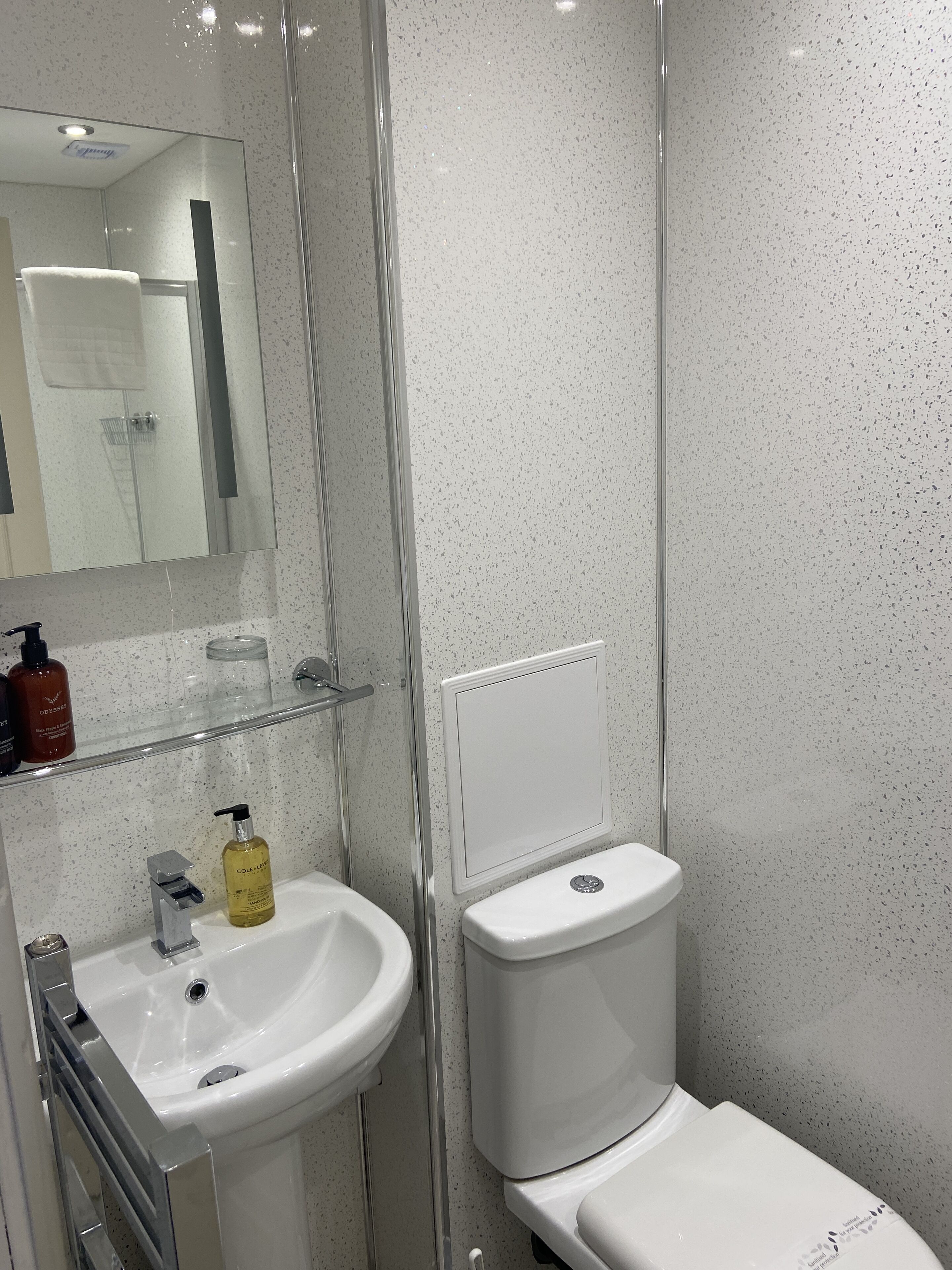 A modern bathroom with a white sink, a glass shower enclosure, and a toilet.