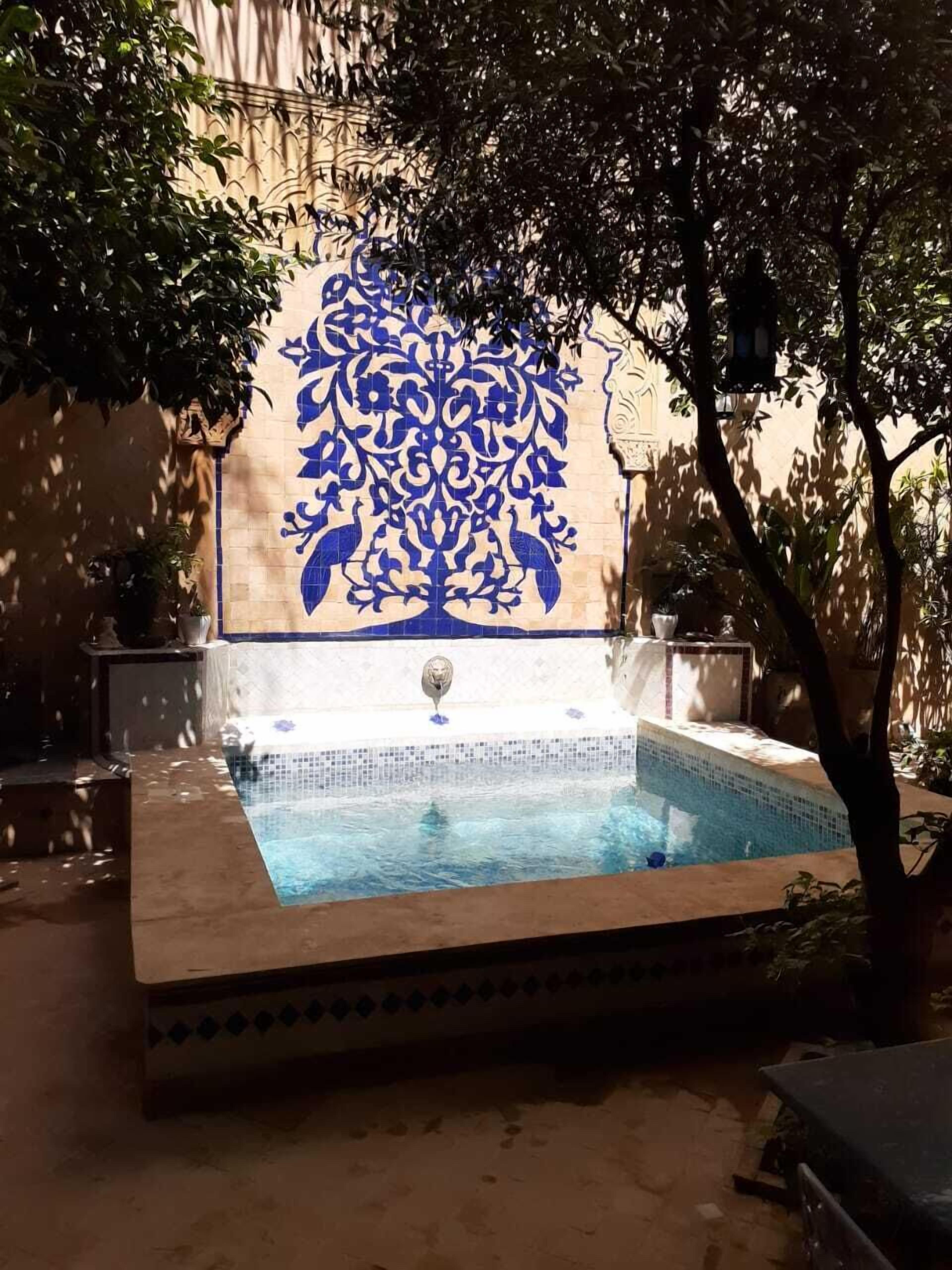 A swimming pool with a decorative tile wall behind it.