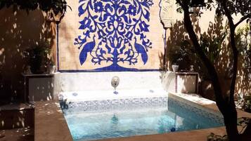 A swimming pool with a decorative tile wall behind it.