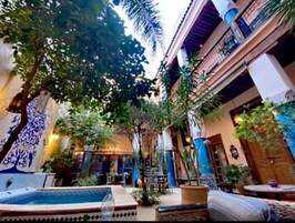 Un patio interior con piscina, zonas de estar y plantas en macetas.