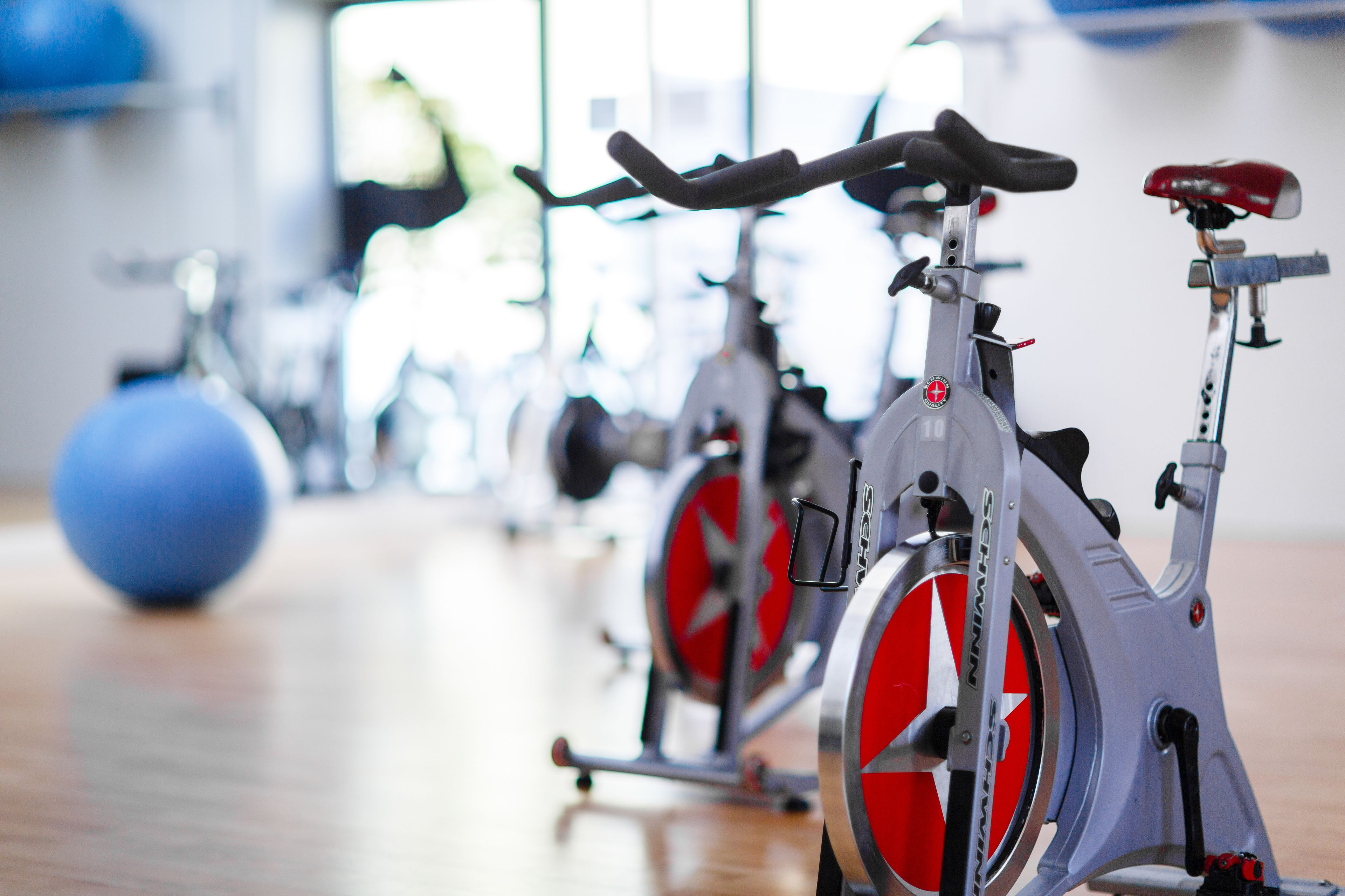 A row of stationary bikes in a gym with exercise balls in the background.