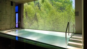 A modern indoor pool with a glass wall displaying a forest view.