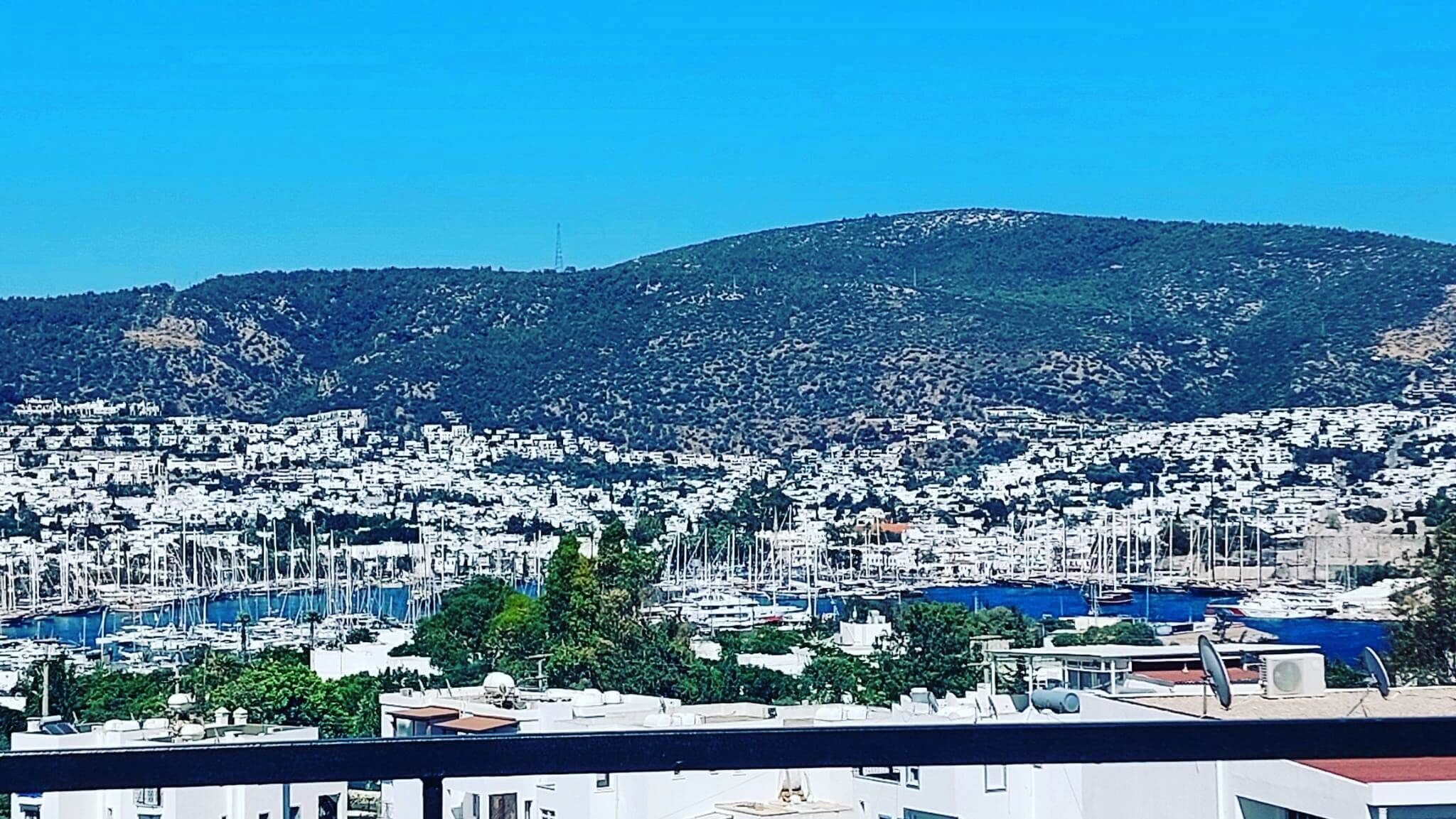 Eine Küstenstadt mit dicht bebauten Stadtgebieten, einer Marina mit zahlreichen Booten und einem Berg im Hintergrund.