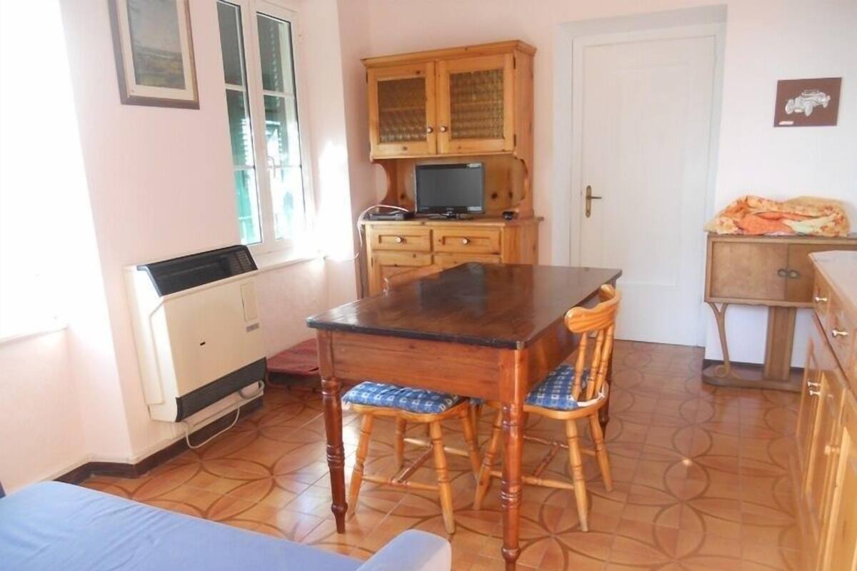A small, cozy room with a wooden table and chairs, a radiator, a television, and a cabinet.