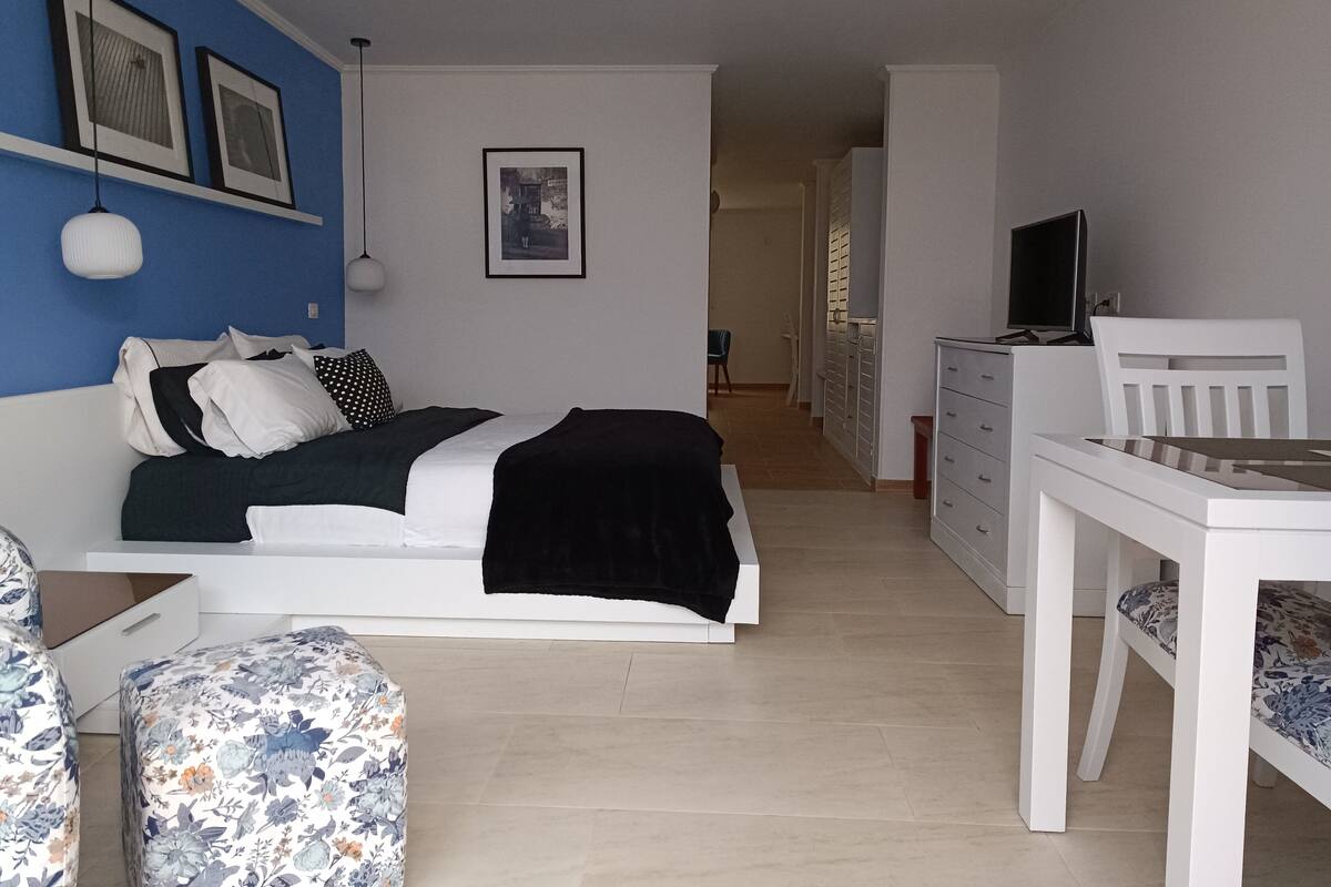 Une chambre à coucher comprenant un lit, un bureau, une chaise et un téléviseur.