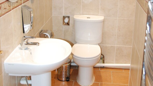 A bathroom with a white sink, a toilet, and a mirror. - Tudor Lodge (Porthmadog)