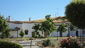 A traditional building with a tiled roof, surrounded by a garden with various plants and flowers.