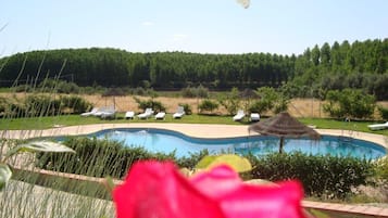 Piscina a l'aire lliure de temporada, para-sols i gandules