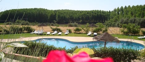 Piscina stagionale all'aperto, ombrelloni da piscina, lettini