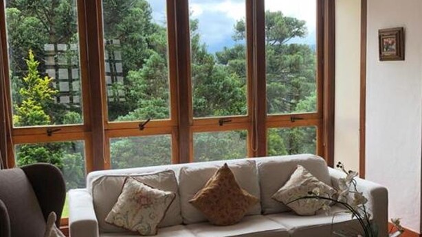 Quarto com sofá voltado para grandes janelas com vista para árvores e uma parede de pedra.