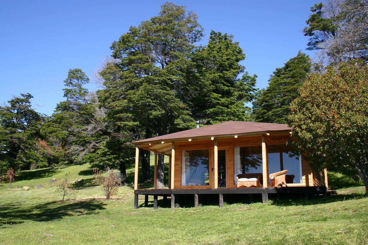 A wooden cabin with a porch, surrounded by trees and grassy terrain.