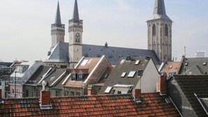 Vista de un edificio histórico con dos torres destacadas y una estructura central imponente, probablemente una iglesia o catedral, rodeado de edificios residenciales con techos de tejas rojas.