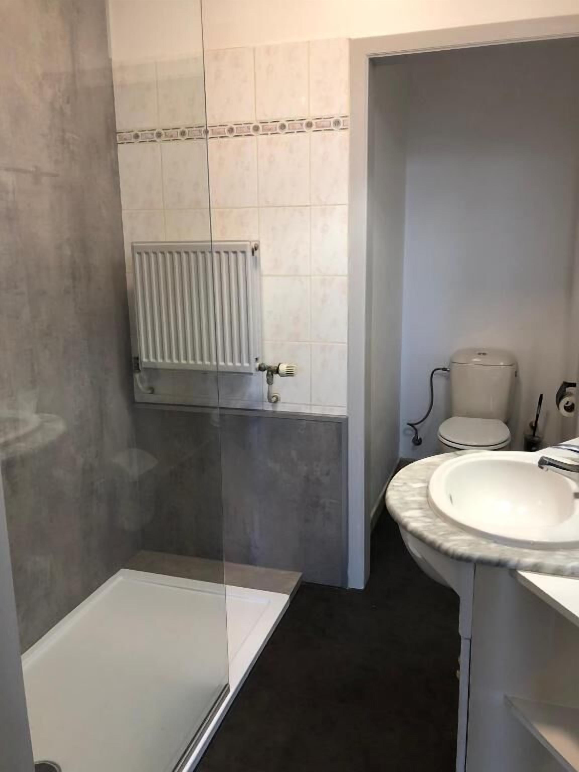 Een badkamer met douche, toilet en wastafel.
