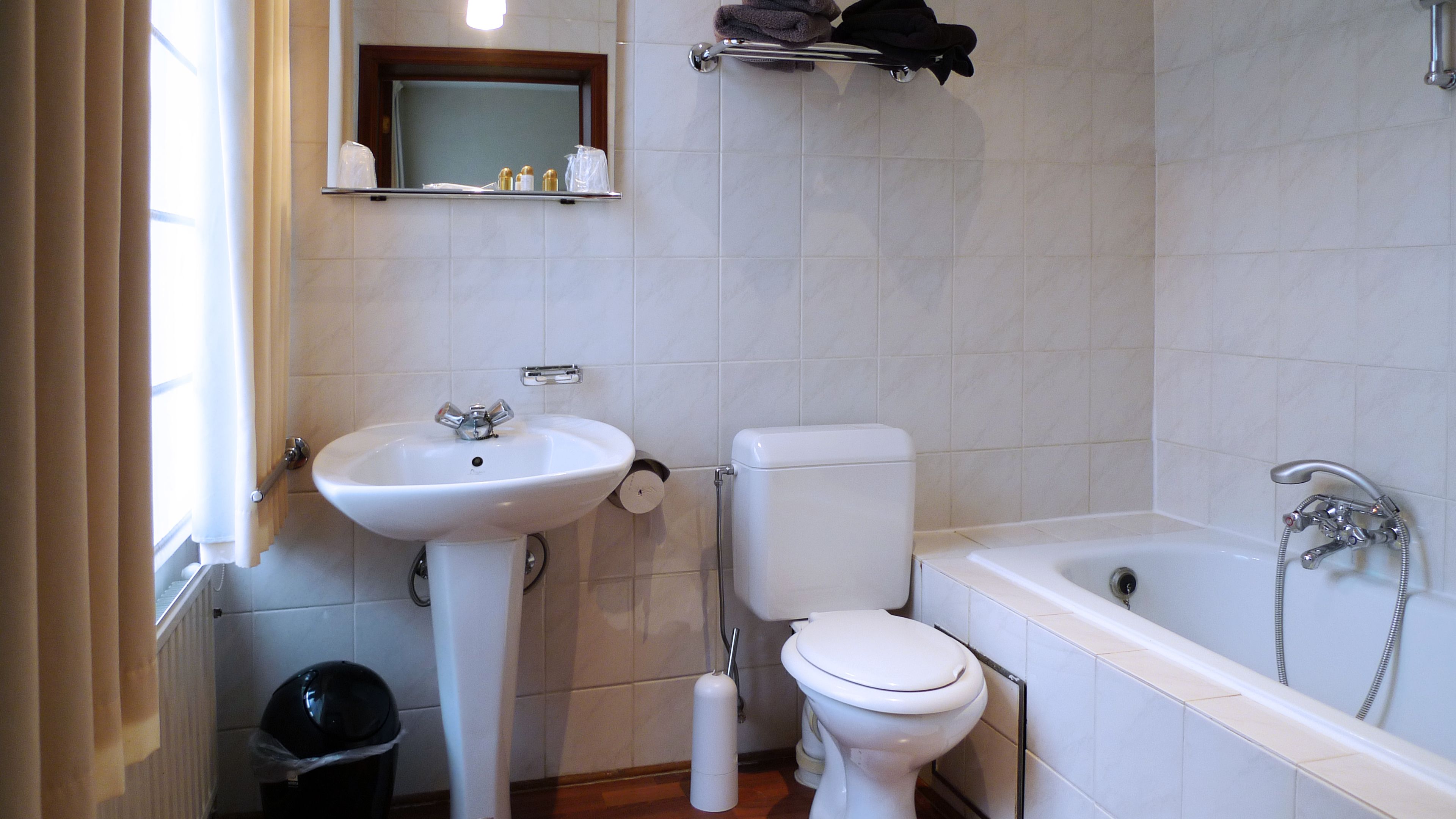 Een badkamer met een wastafel, toilet en bad.