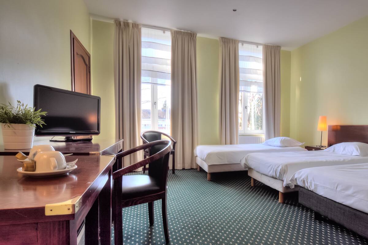 A hotel room with two beds, a desk with a television, a chair, and a potted plant.