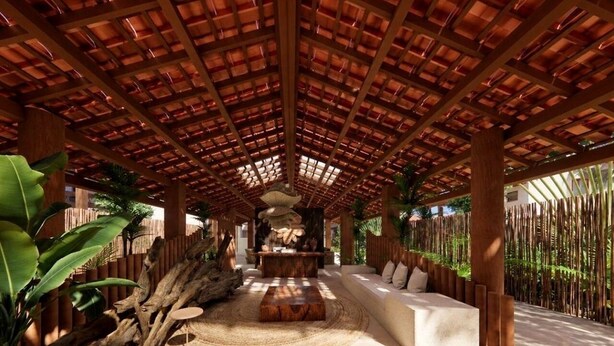 A covered outdoor area with a central seating area, wooden pillars, and a bamboo fence. - Margaridas Boutique Hotel - antiga Pousada Jardim das Margaridas (Porto Seguro)