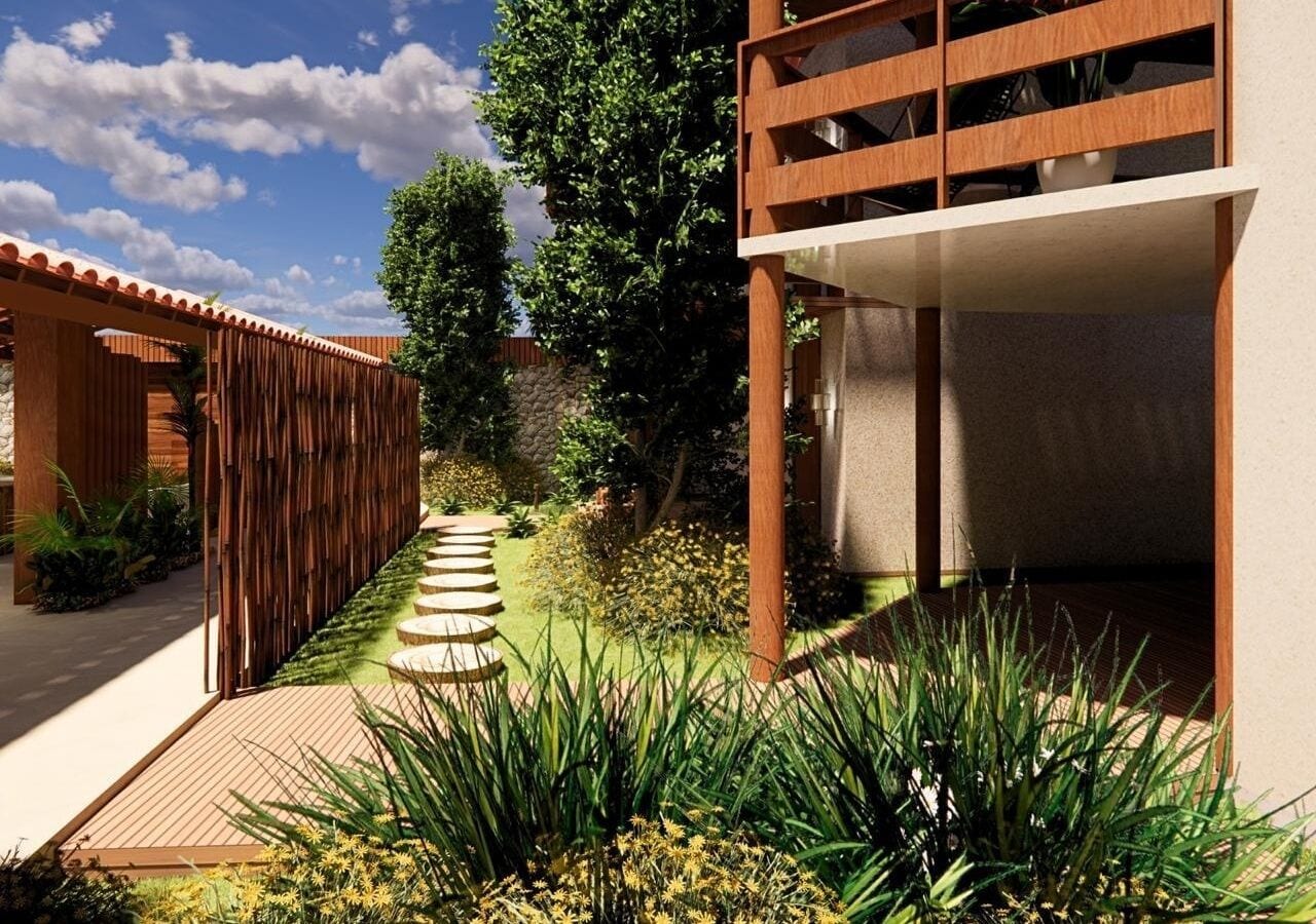 A modern building with a wooden pergola, a garden with a stone pathway, and a clear sky.