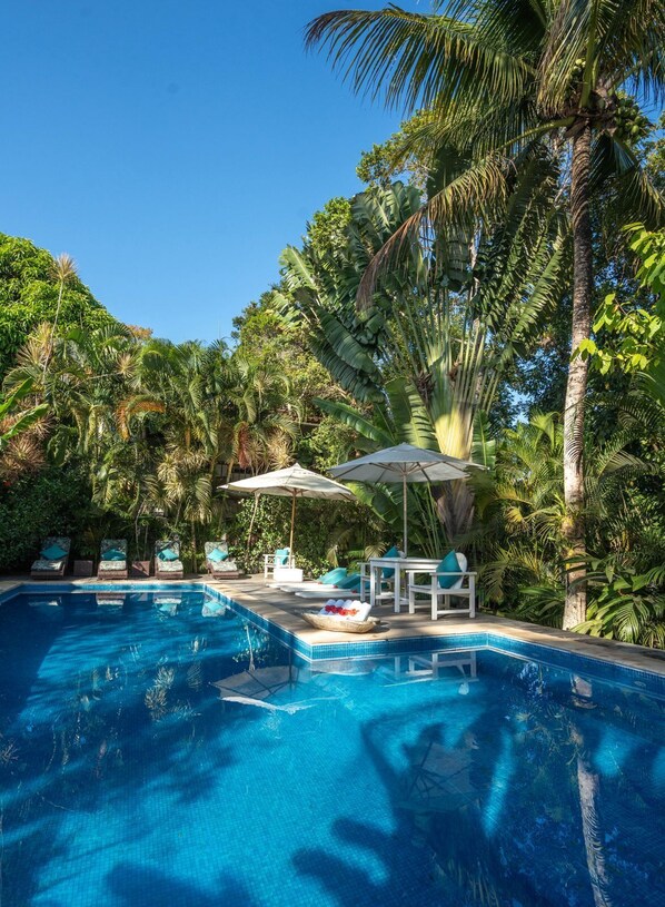 Outdoor pool, pool umbrellas, pool loungers