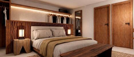 A bedroom with a wooden bed, bedside lamps, a wooden bench, and a wardrobe.