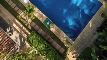 Outdoor pool, pool umbrellas, pool loungers