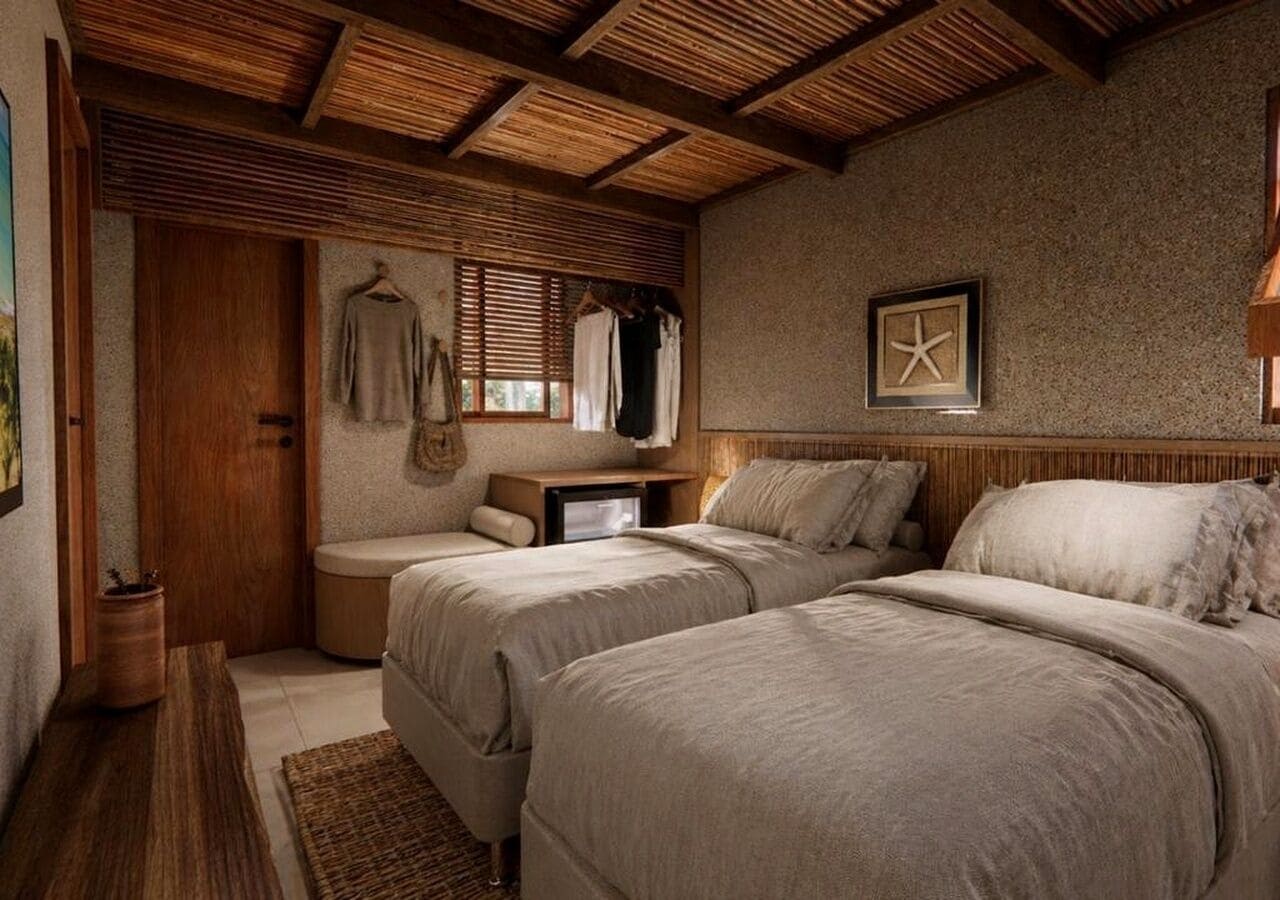 A bedroom with two beds, a wooden ceiling, a wall-mounted TV, and a starfish decoration.