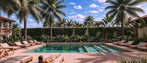 Una piscina al aire libre, sombrillas, sillones reclinables de piscina