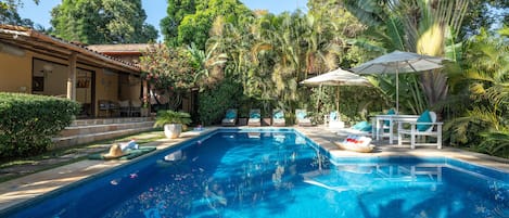 Outdoor pool, pool umbrellas, pool loungers