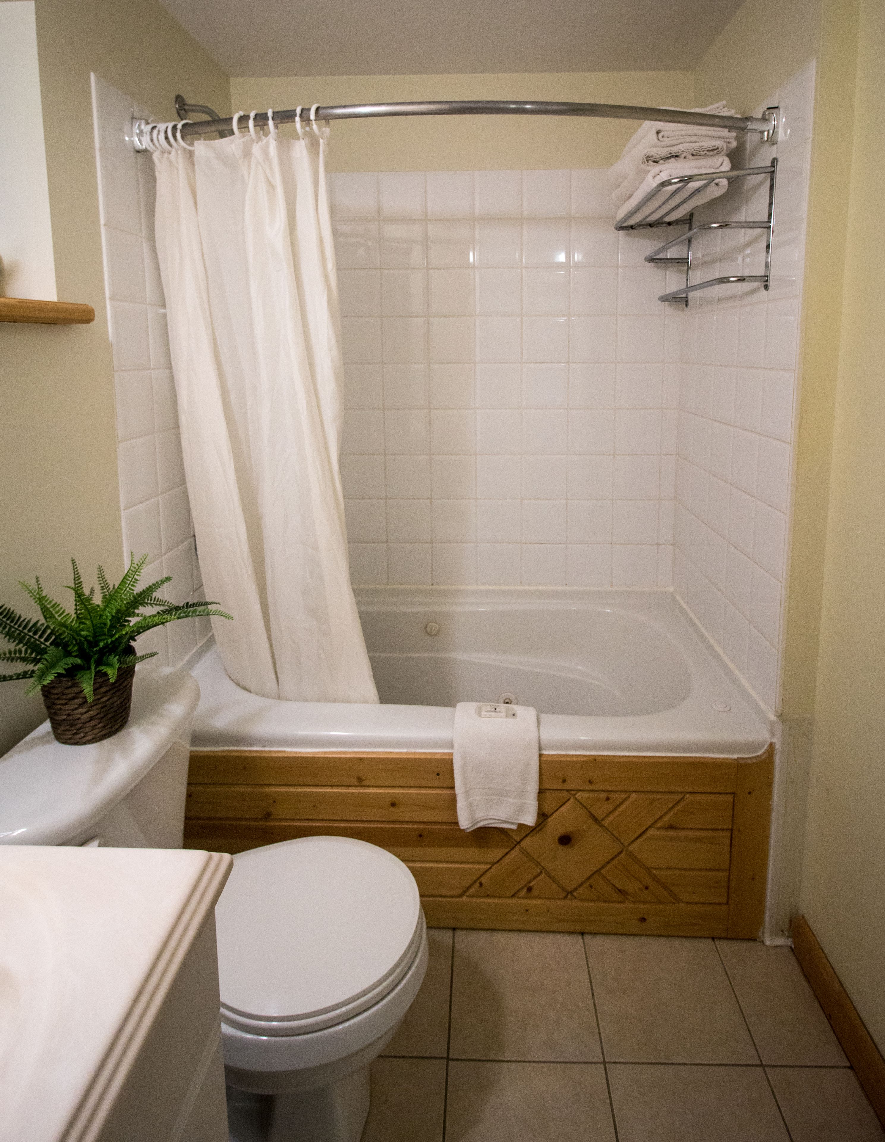 Et badeværelse med badekar, toilet og en potteplante.