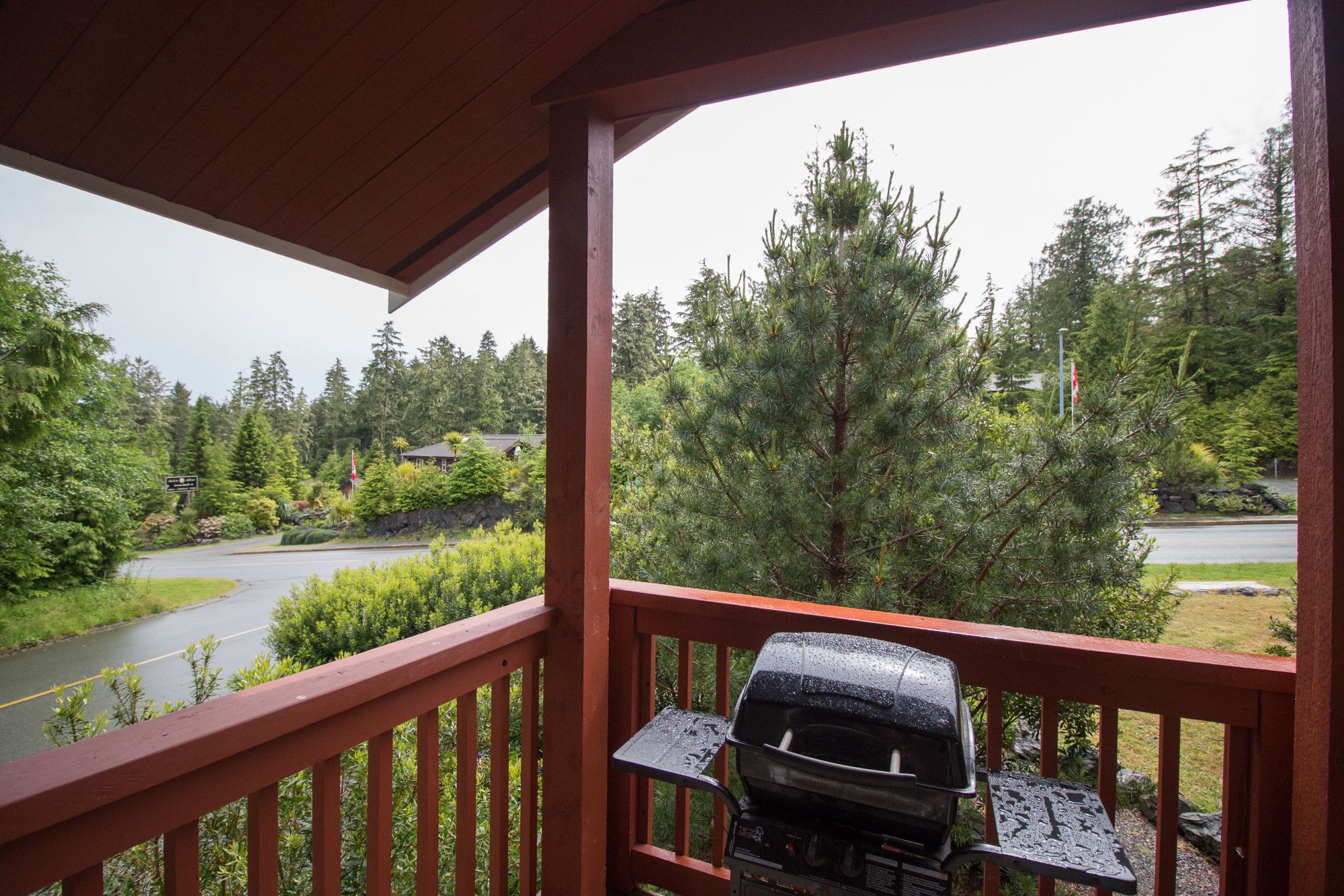 A covered outdoor area with a grill, overlooking a forested area with a road and a house.