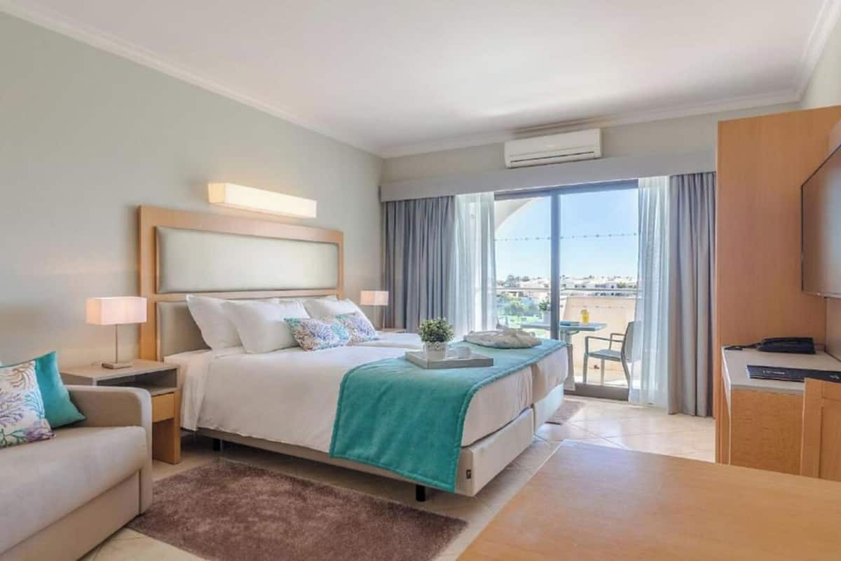 A hotel room with a bed, a desk, a chair, a TV, and a balcony with a view.