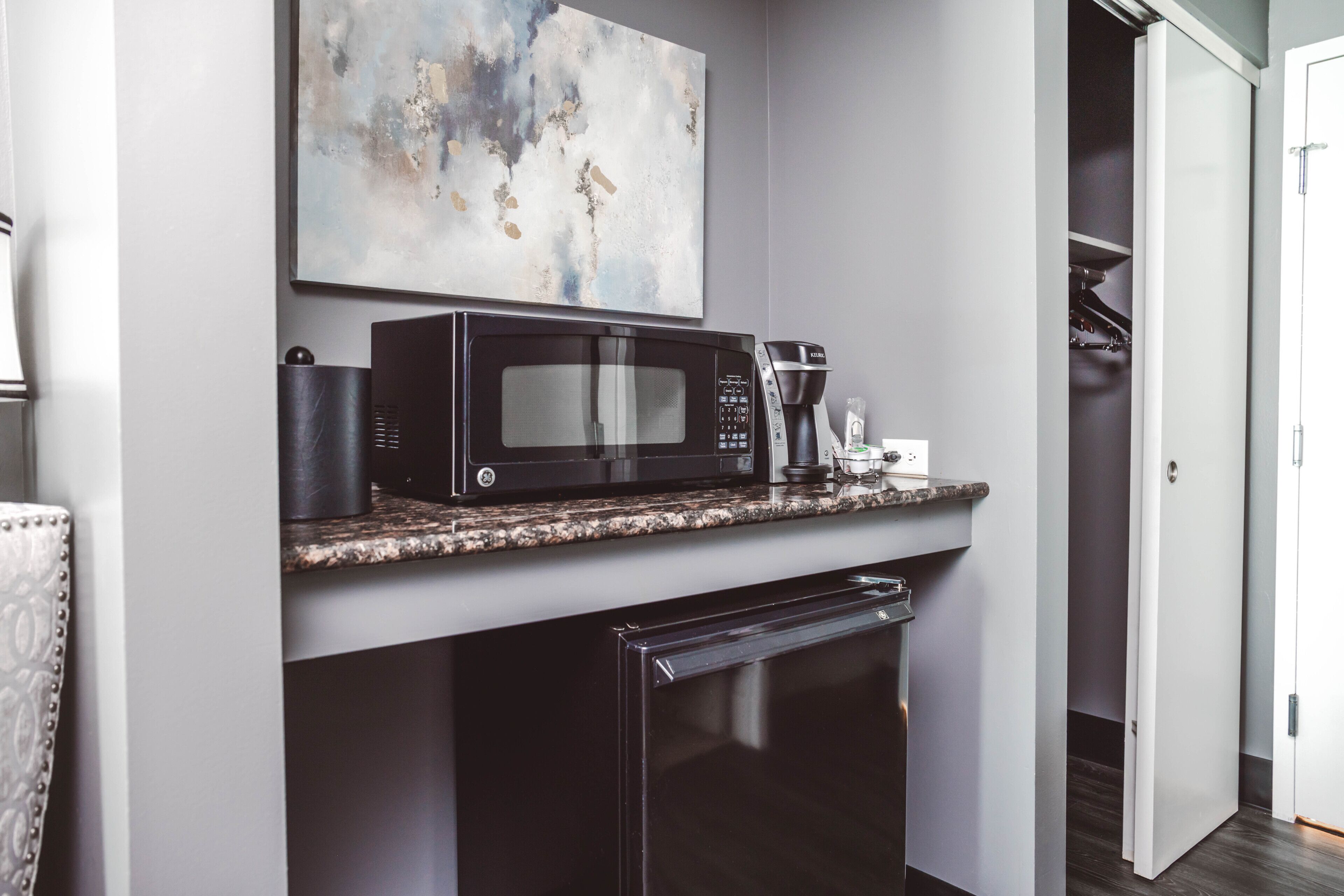 premium bedding, desk, laptop workspace, blackout curtains