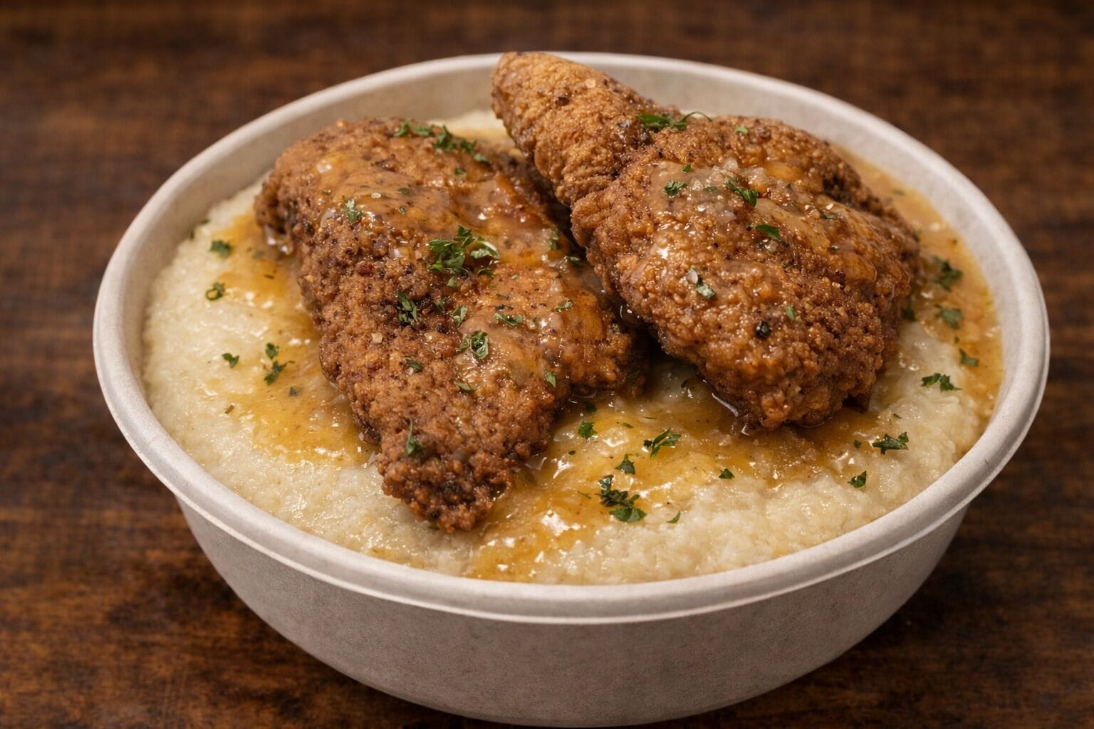 Un tazón de comida con pollo empanizado y una base cremosa, posiblemente un gratinado o sopa.