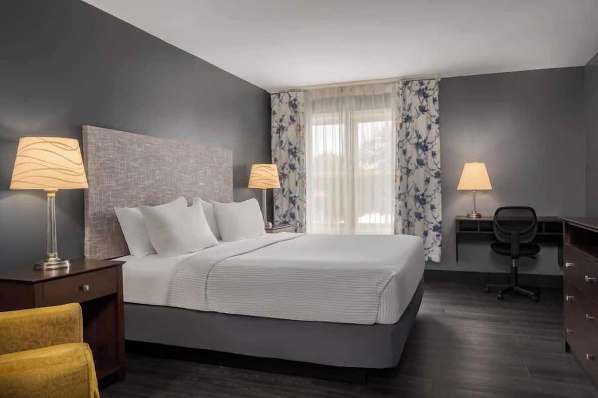 A modern hotel room with a large bed, two bedside lamps, a desk with a chair, and a window with floral curtains.