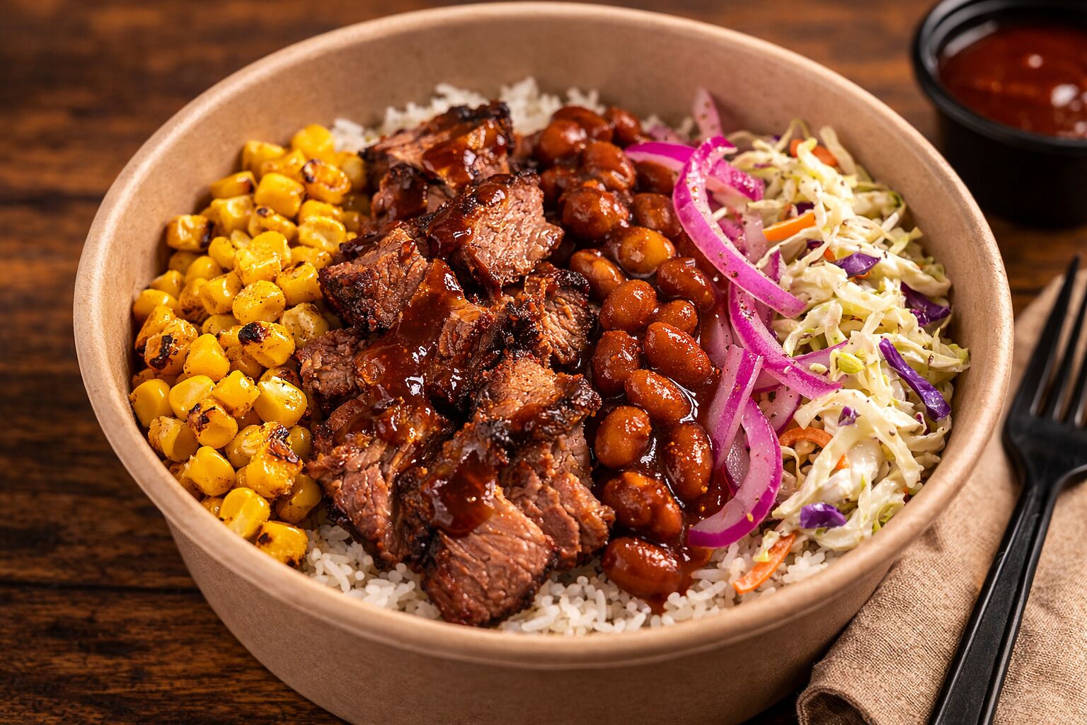 Un plato de comida con arroz, carne, frijoles, maíz y una ensalada al lado.