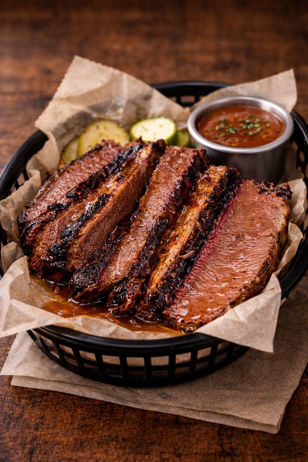 Una cesta de costillas a la parrilla con pepinillos y salsa.