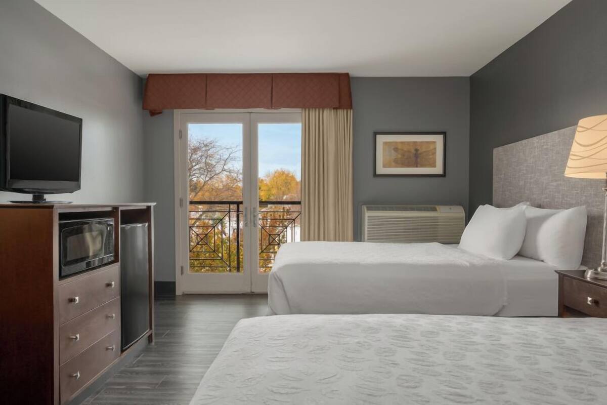 A hotel room with a bed, a TV, a desk, and a window with a view of trees.