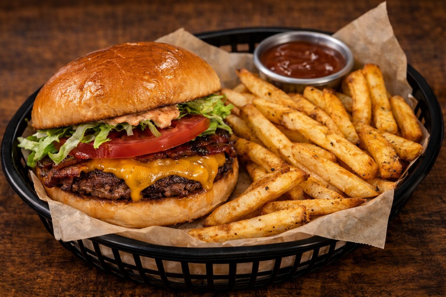 A burger with fries and ketchup in a basket.