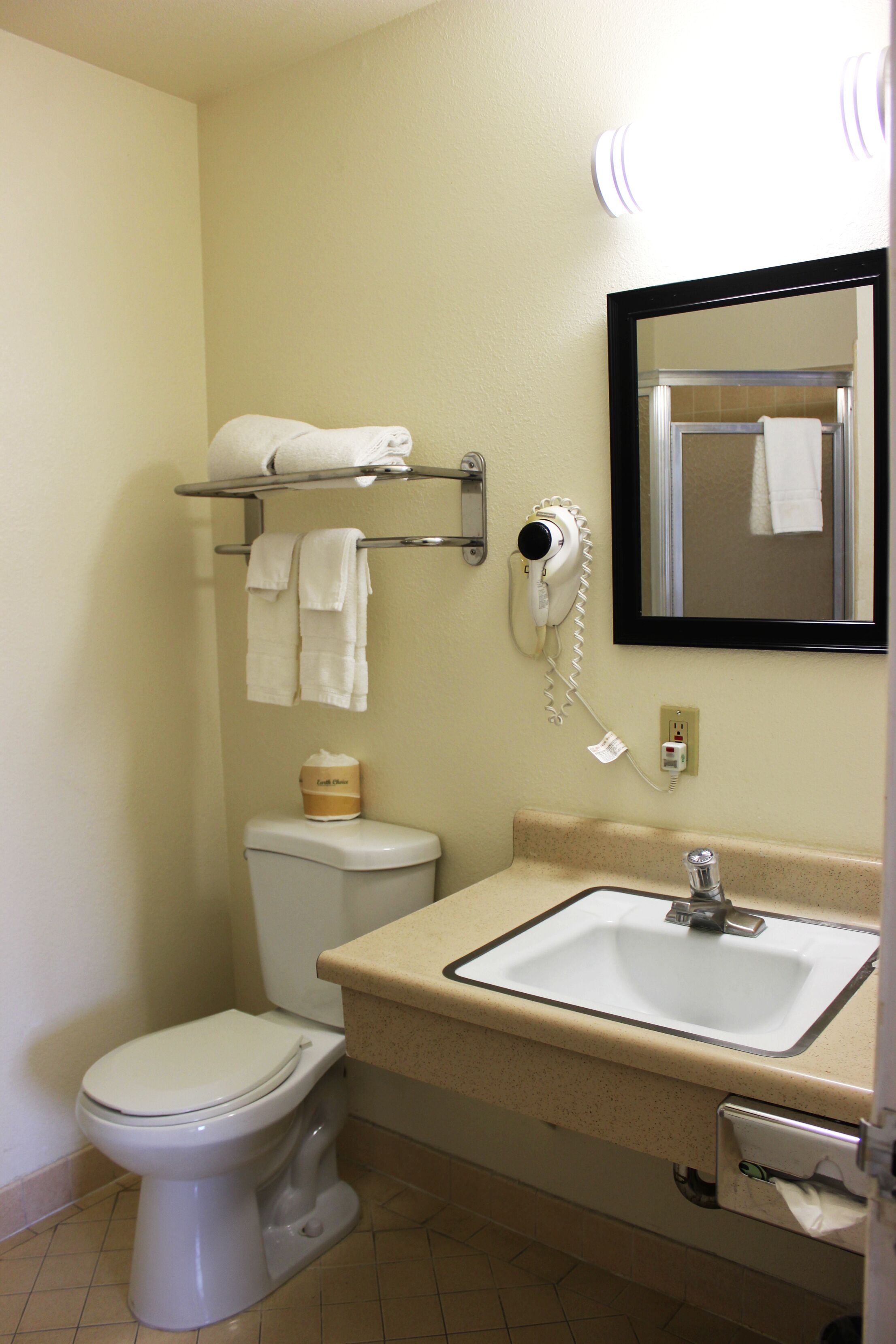 A bathroom with a toilet, sink, towel rack, and a hairdryer.