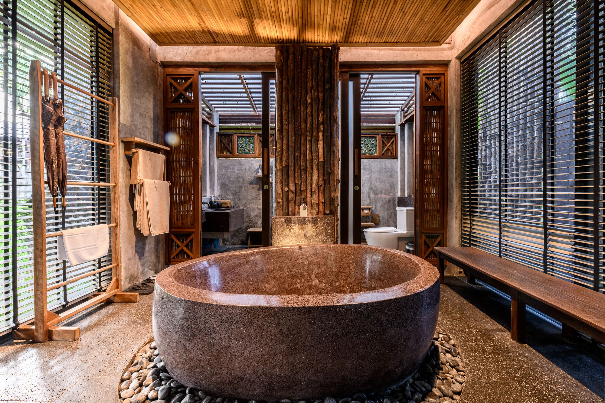 rice field villa | bathroom | deep-soaking bathtub, rainfall showerhead, free toiletries, hair dryer