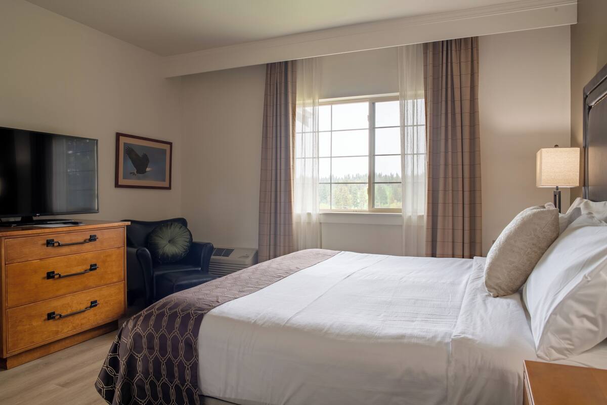 A hotel room with a bed, a television, a desk, a chair, and a window with curtains.