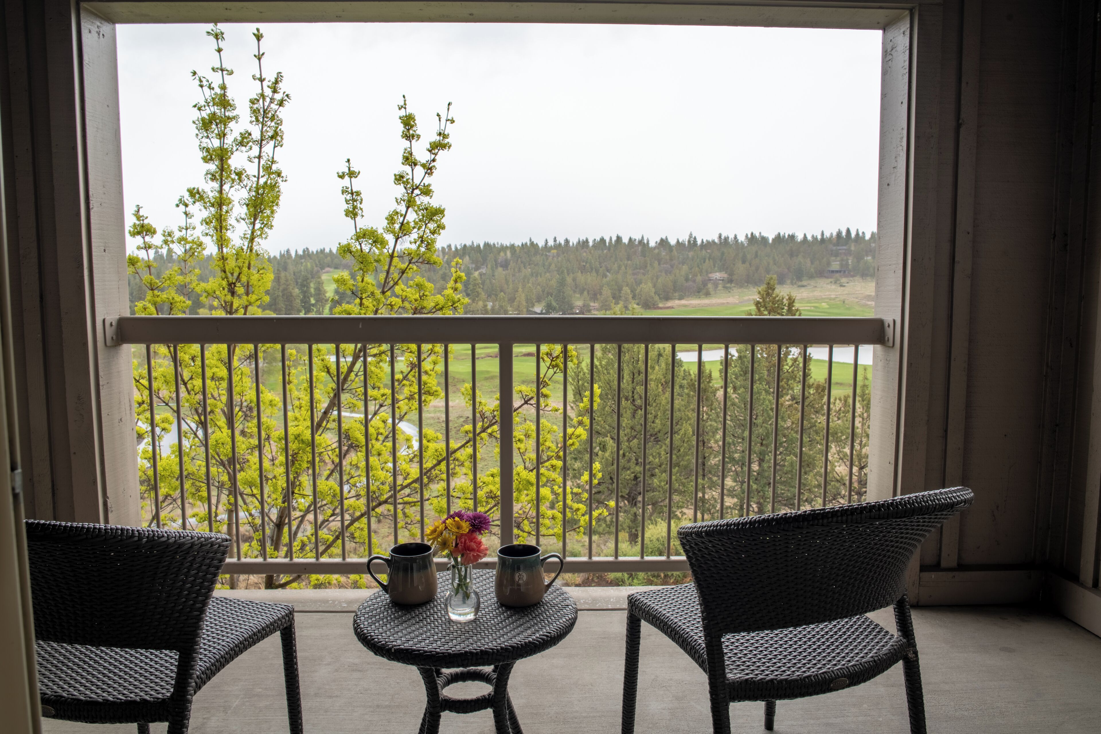 Een balkon met rieten stoelen en een kleine tafel, met uitzicht op een groen landschap met bomen en een waterpartij.