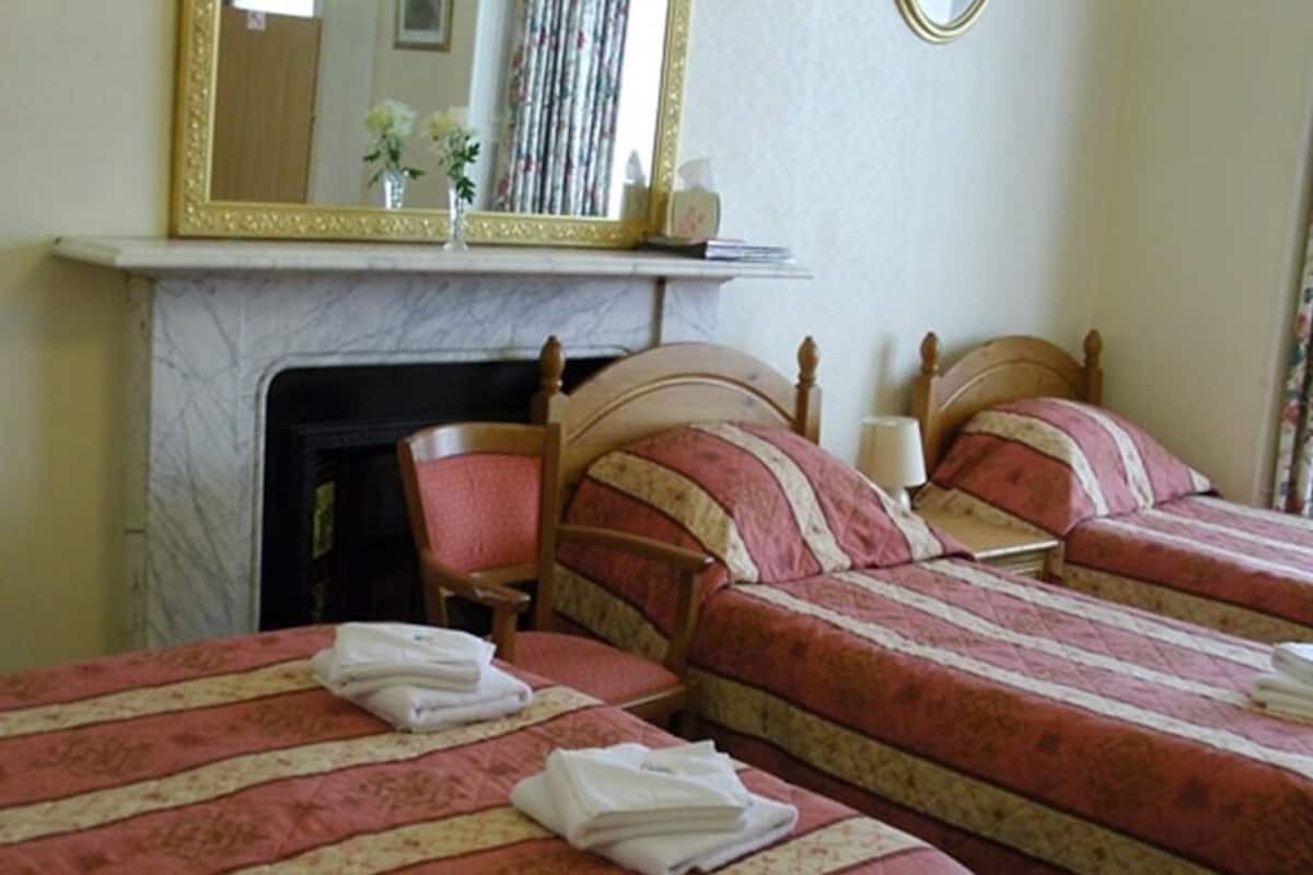 A hotel room with two beds, a fireplace, and a mirror.